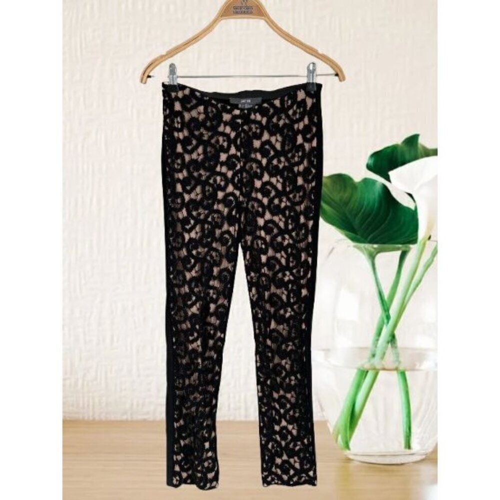 Per Se Womens Black Lace Overlay Pants Goth Nude Lining US 2 / UK 4